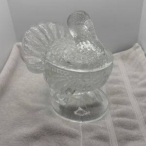Vintage, LE Smith, clear glass turkey, jam server/glass candy dish, 7” tall